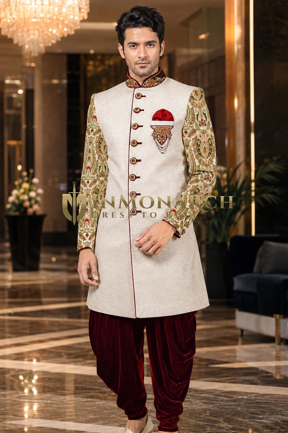Mens Cream Jute Indo Western with Kheenkhap Sleeves & Maroon Velvet Salwar