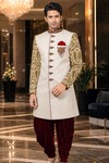 Mens Cream Jute Indo Western with Kheenkhap Sleeves & Maroon Velvet Salwar