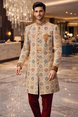 Mens Cream Kheenkhap Indo Western with Hand Embroidery & Velvet Pyjama