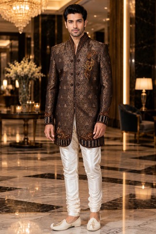 Mens Brown Brocade Indo Western Sherwani with White Dupion Churidar