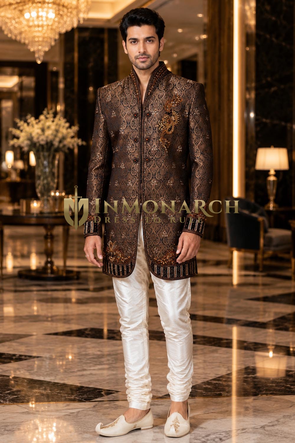 Mens Brown Brocade Indo Western Sherwani with White Dupion Churidar