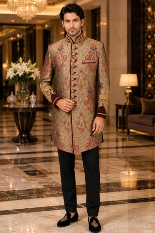Mens Bronze Kheenkhaap Indo Western with Maroon Velvet Cuffs & Black Trouser