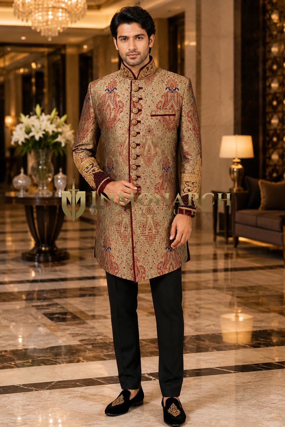 Mens Bronze Kheenkhaap Indo Western with Maroon Velvet Cuffs & Black Trouser