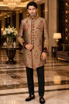 Mens Bronze Kheenkhaap Indo Western with Maroon Velvet Cuffs & Black Trouser