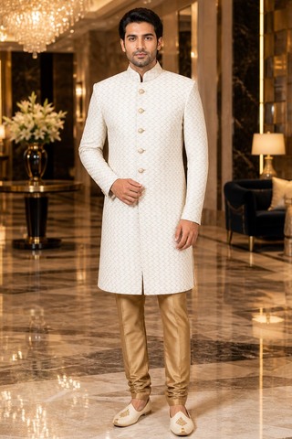 Mens Cream Traditional Sherwani with Golden Dupion Trouser Set
