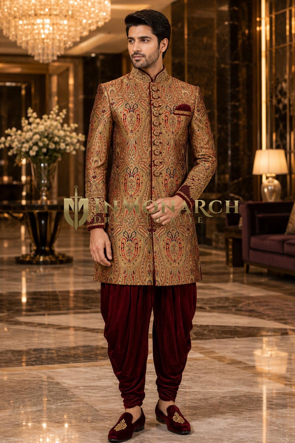 Sherwani príncipe bordado marrón