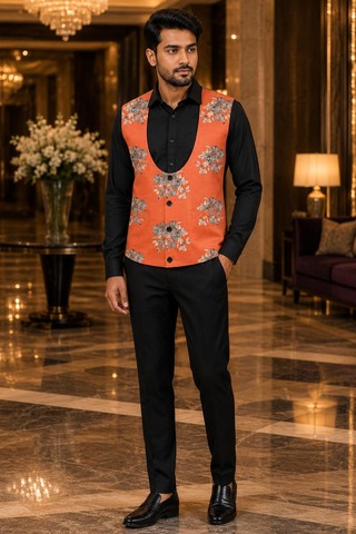 Mens Rust Floral U-Neck Suit Vest with Handcrafted Buttonholes