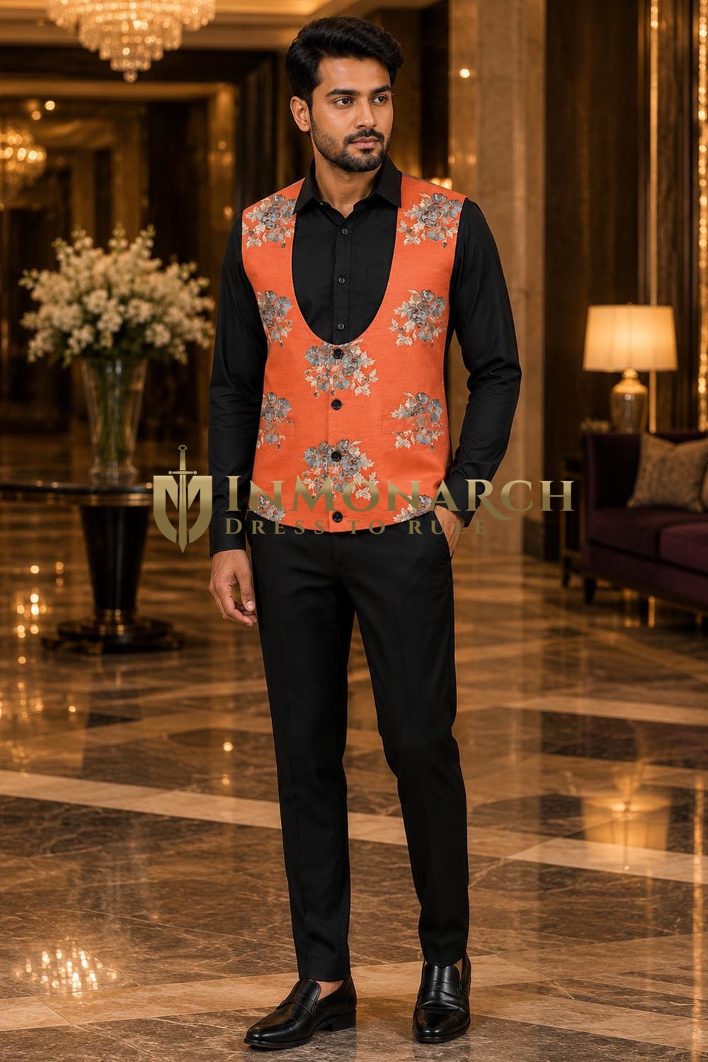 Mens Rust Floral U-Neck Suit Vest with Handcrafted Buttonholes