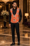 Mens Rust Floral U-Neck Suit Vest with Handcrafted Buttonholes