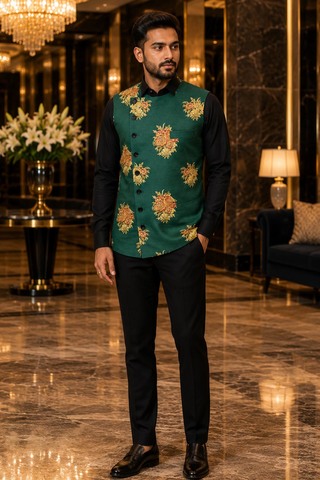 Mens Green Floral Angrakha Style Suit Vest with Handcrafted Buttonholes