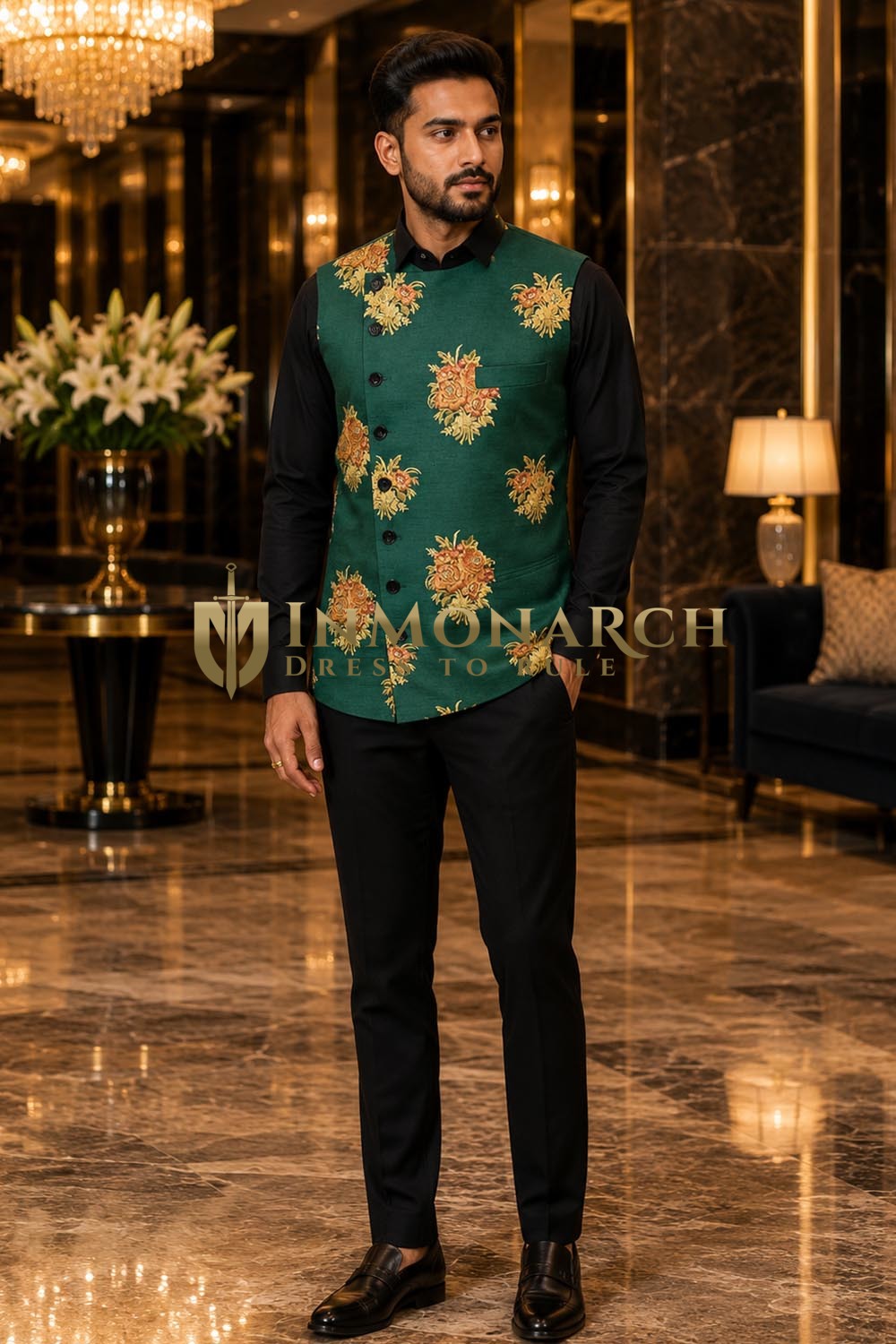 Mens Green Floral Angrakha Style Suit Vest with Handcrafted Buttonholes