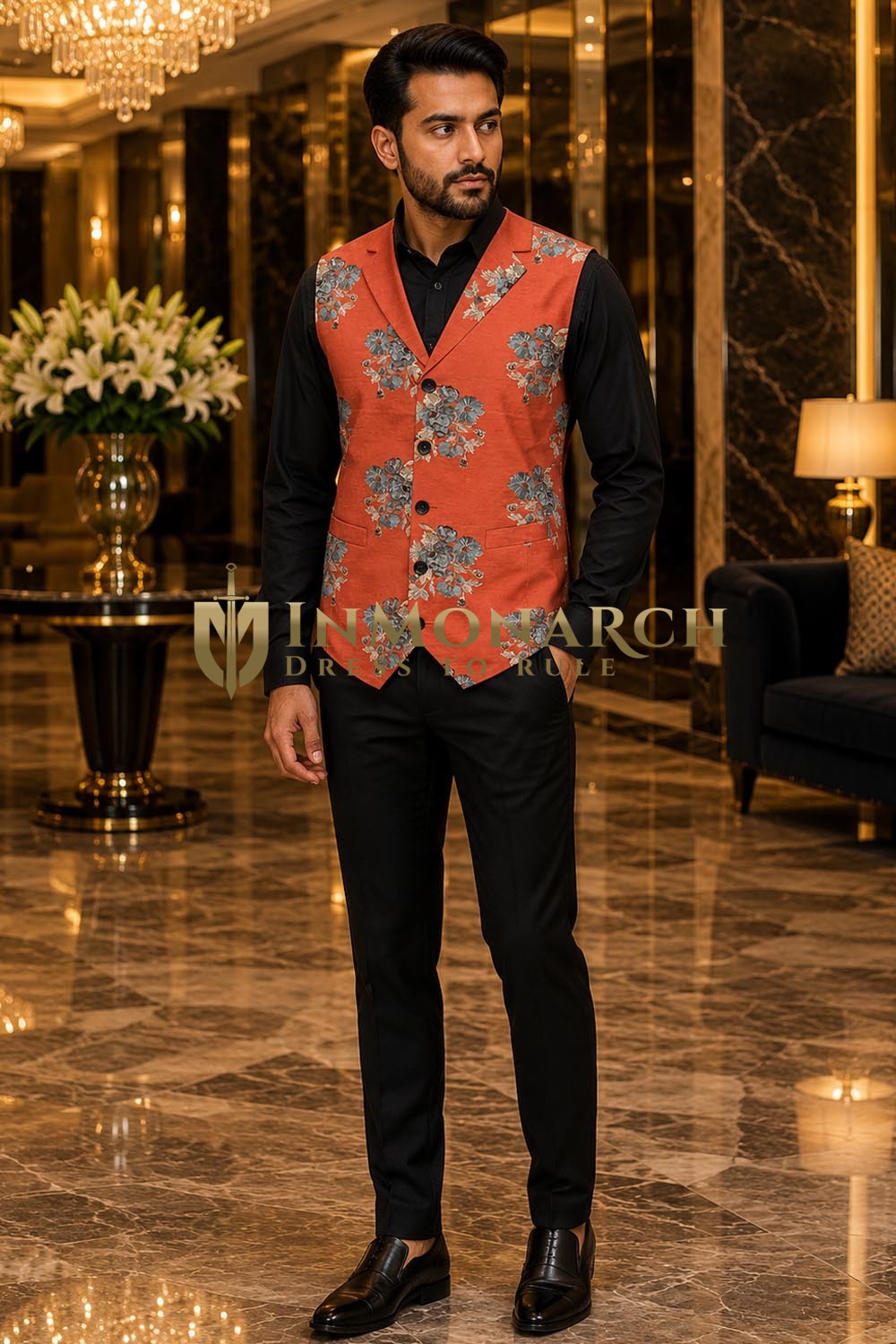 Mens Rust Floral Notch Lapel Suit Vest with Handcrafted Buttonholes