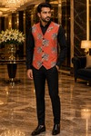 Mens Rust Floral Notch Lapel Suit Vest with Handcrafted Buttonholes