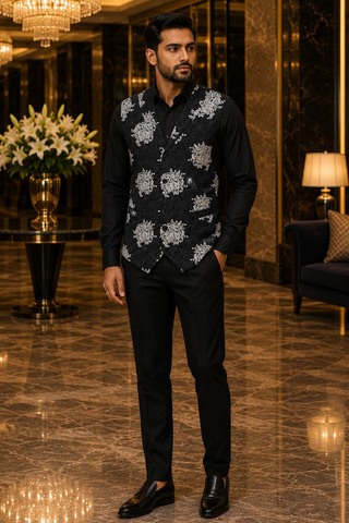 Mens Black Notch Lapel Suit Vest with Handcrafted Buttonholes