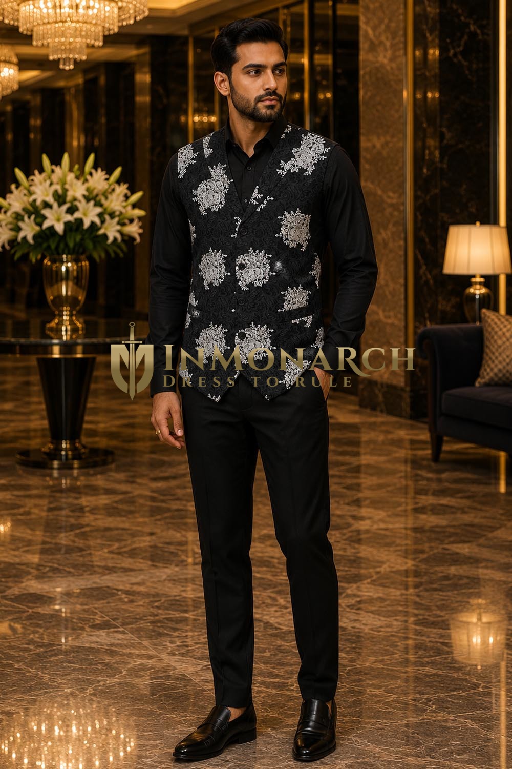 Mens Black Notch Lapel Suit Vest with Handcrafted Buttonholes