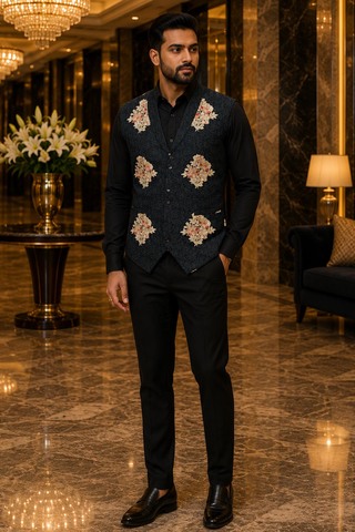 Gilet noir homme motifs floraux