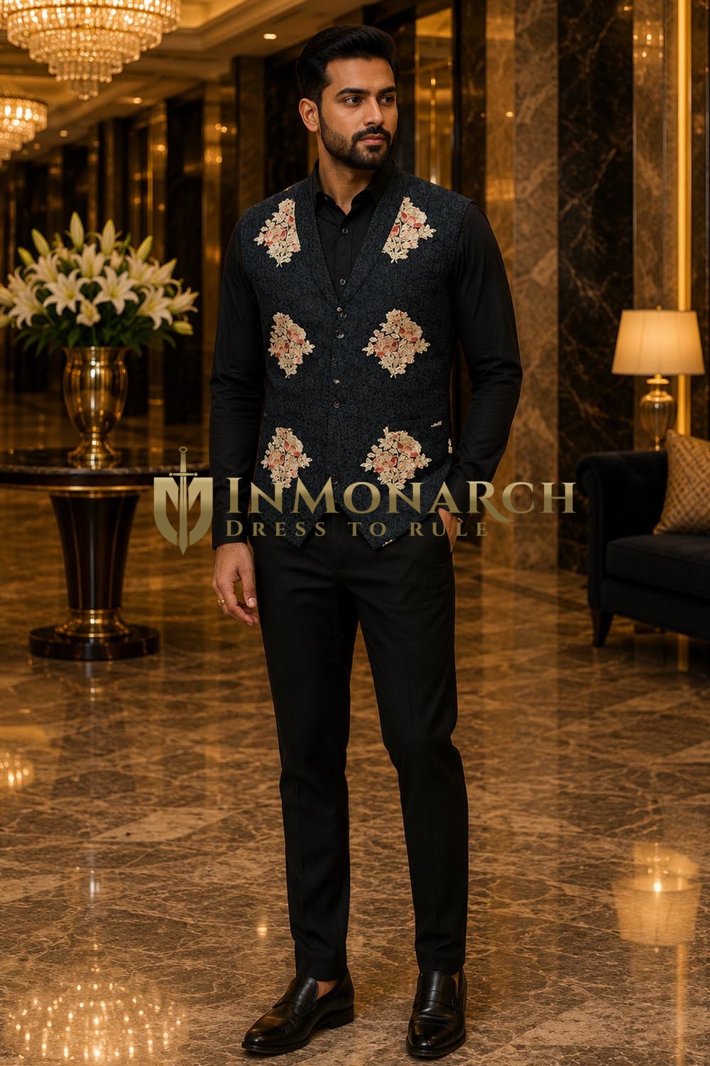 Gilet noir homme motifs floraux