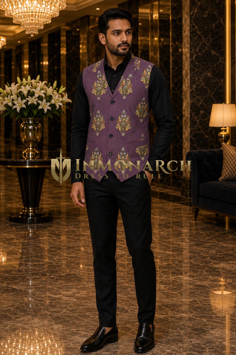 Gilet costume homme fleuri violet élégant
