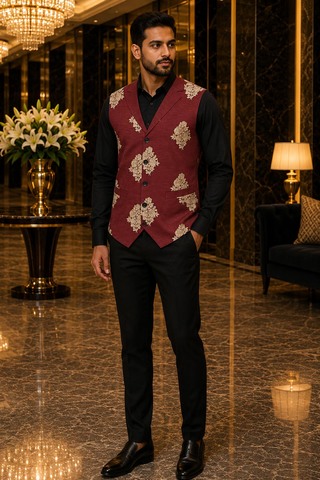Gilet rouge homme broderie dorée