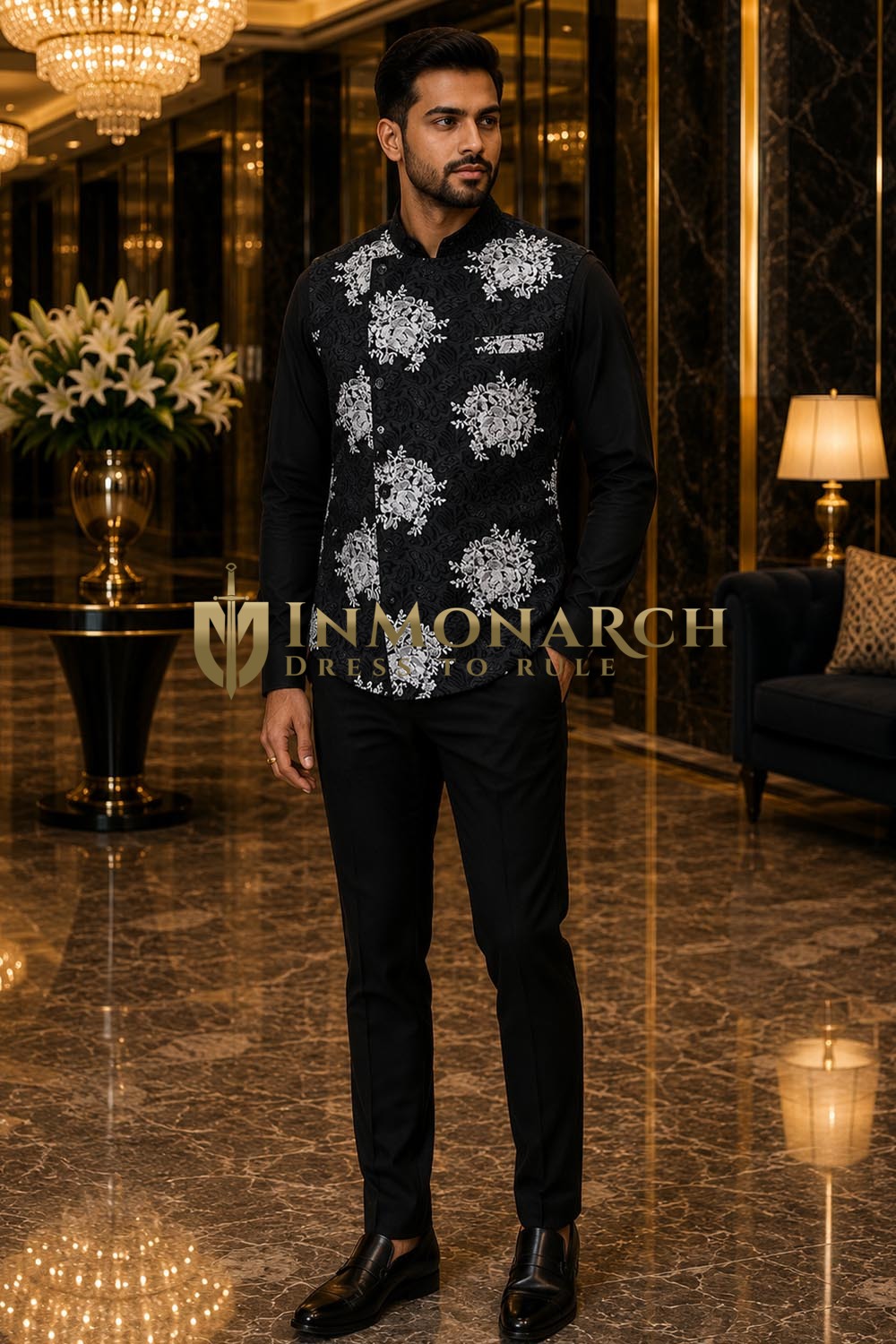 Mens Black Angrakha Suit Vest Designer Wedding Waistcoat Formal Outfit