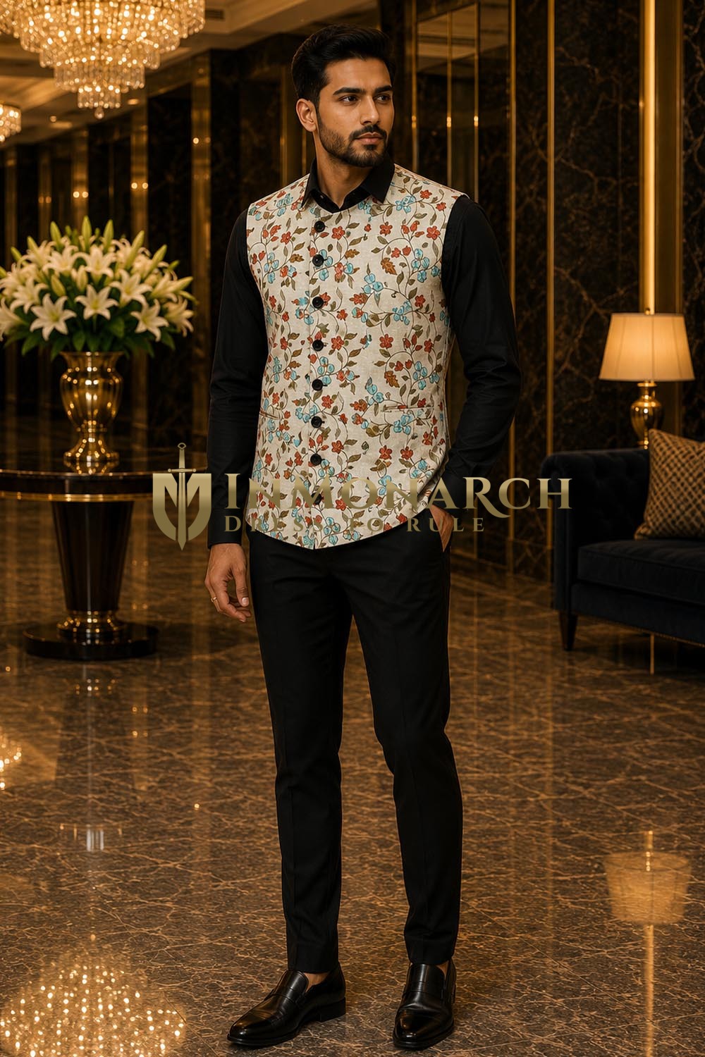 Herren Angrakha-Weste beige floral elegant