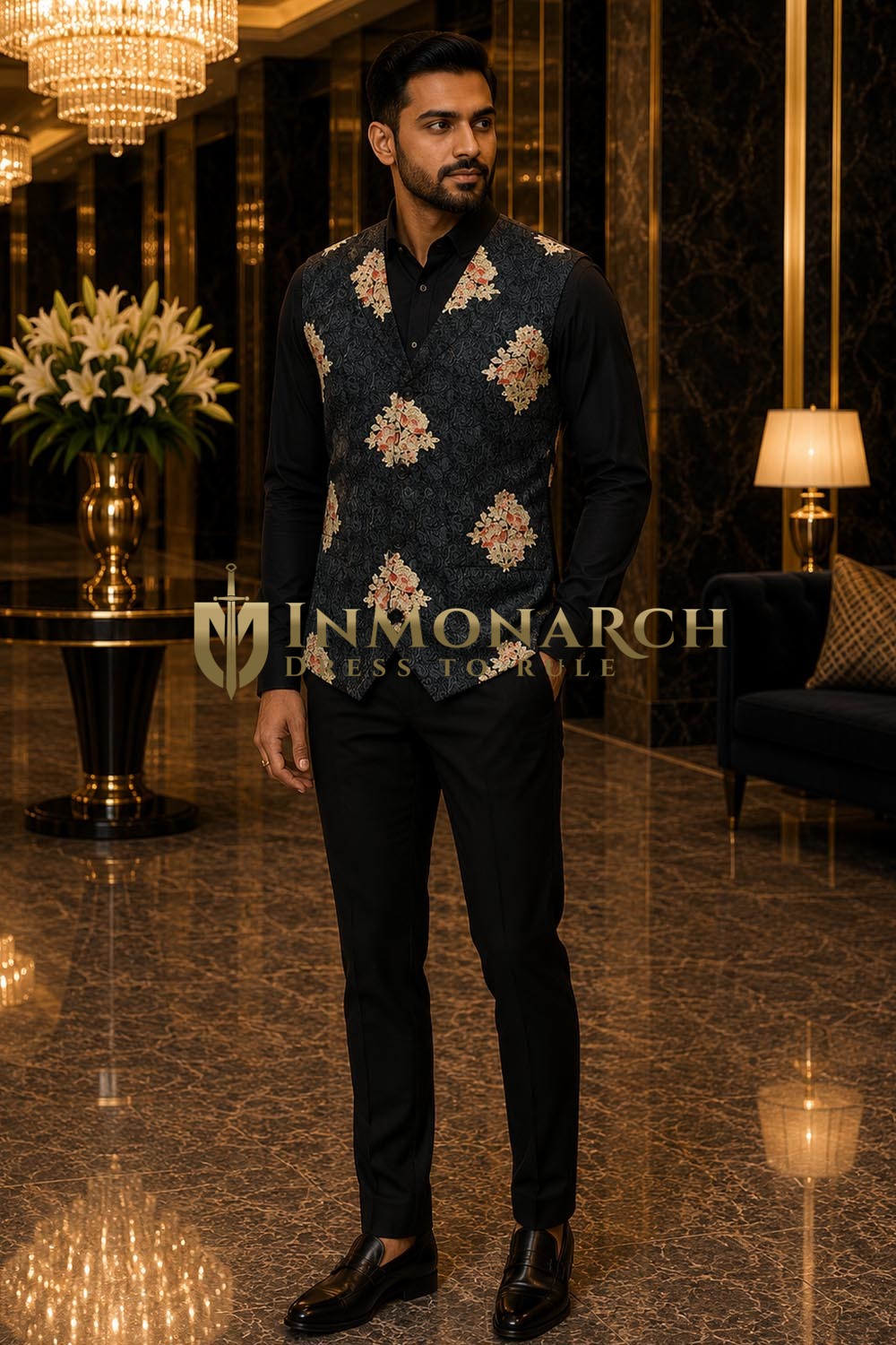 Chaleco negro con motivos florales