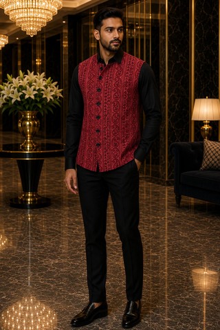 Mens Red Paisley Angrakha Suit Vest Designer Wedding Waistcoat Style
