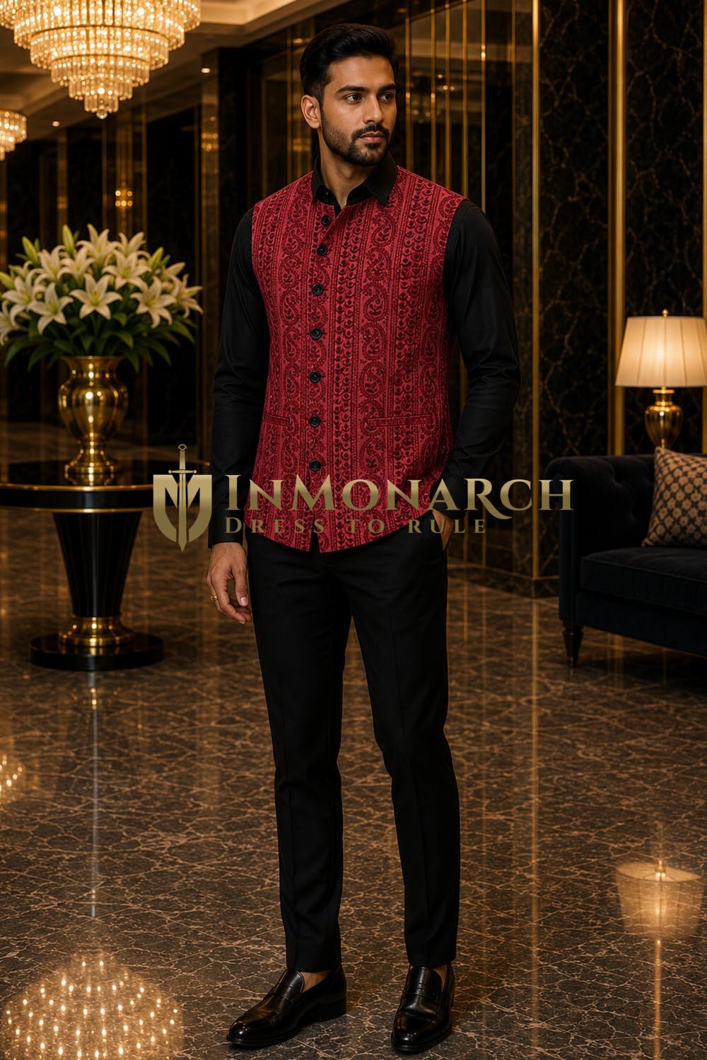 Mens Red Paisley Angrakha Suit Vest Designer Wedding Waistcoat Style