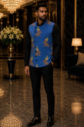 Mens Blue Peacock Angrakha Suit Vest Designer Wedding Waistcoat Look
