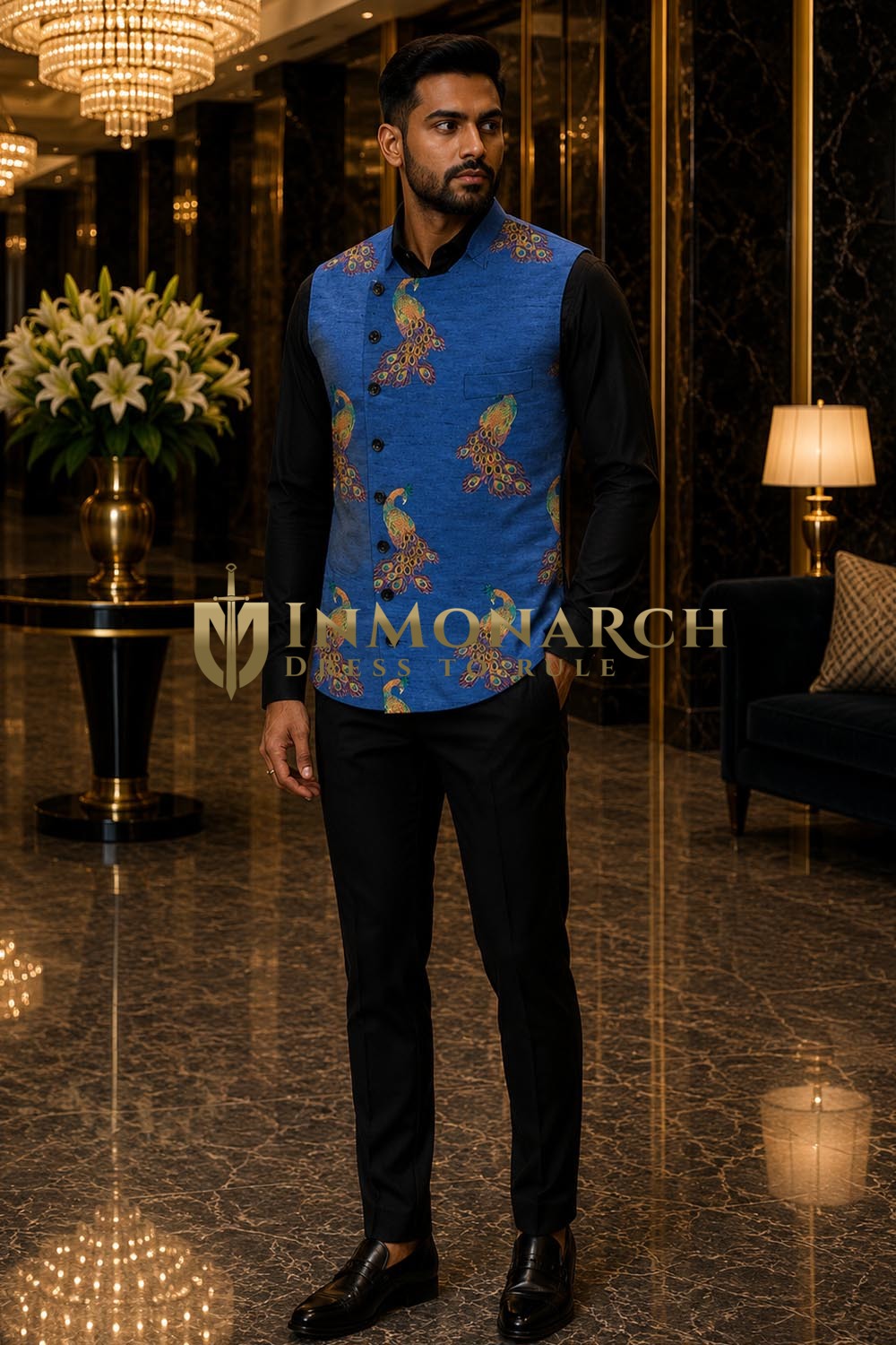 Mens Blue Peacock Angrakha Suit Vest Designer Wedding Waistcoat Look