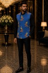 Mens Blue Peacock Angrakha Suit Vest Designer Wedding Waistcoat Look