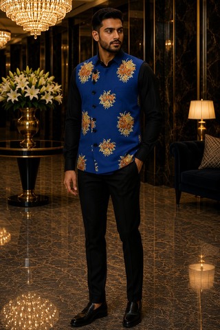 Mens Blue Floral Embroidered Angrakha Suit Vest Wedding Waistcoat Look