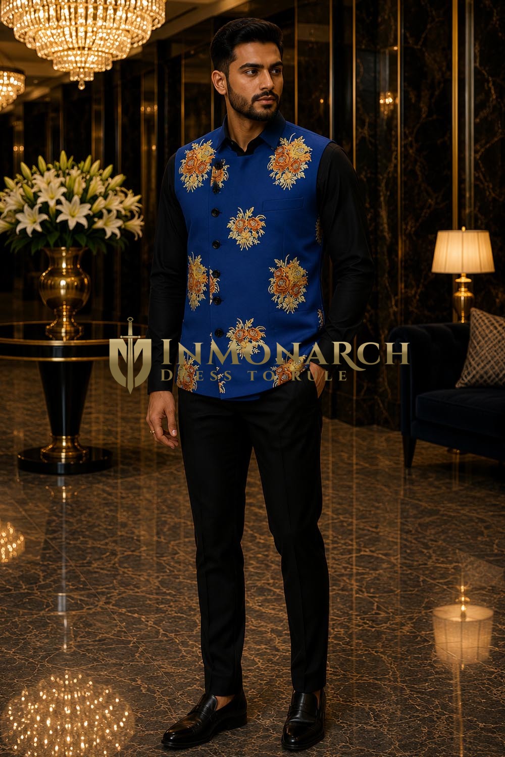 Gilet homme brodé floral bleu