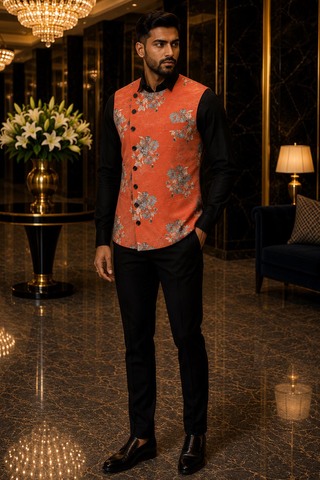 Mens Rust Floral Angrakha Suit Vest Designer Wedding Waistcoat Style