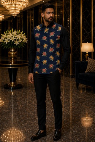 Mens Navy Floral Embroidered Angrakha Suit Vest Wedding Waistcoat Look