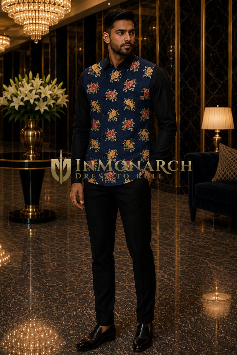Chaleco hombre elegante bordado floral