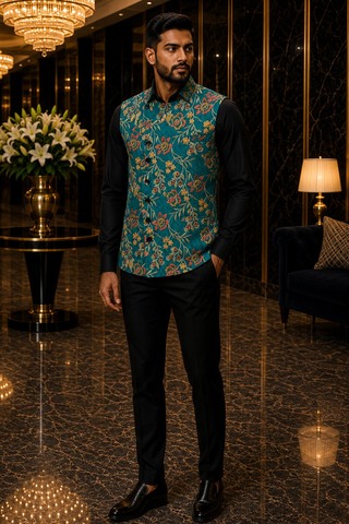 Mens Teal Floral Angrakha Suit Vest Designer Wedding Waistcoat Style