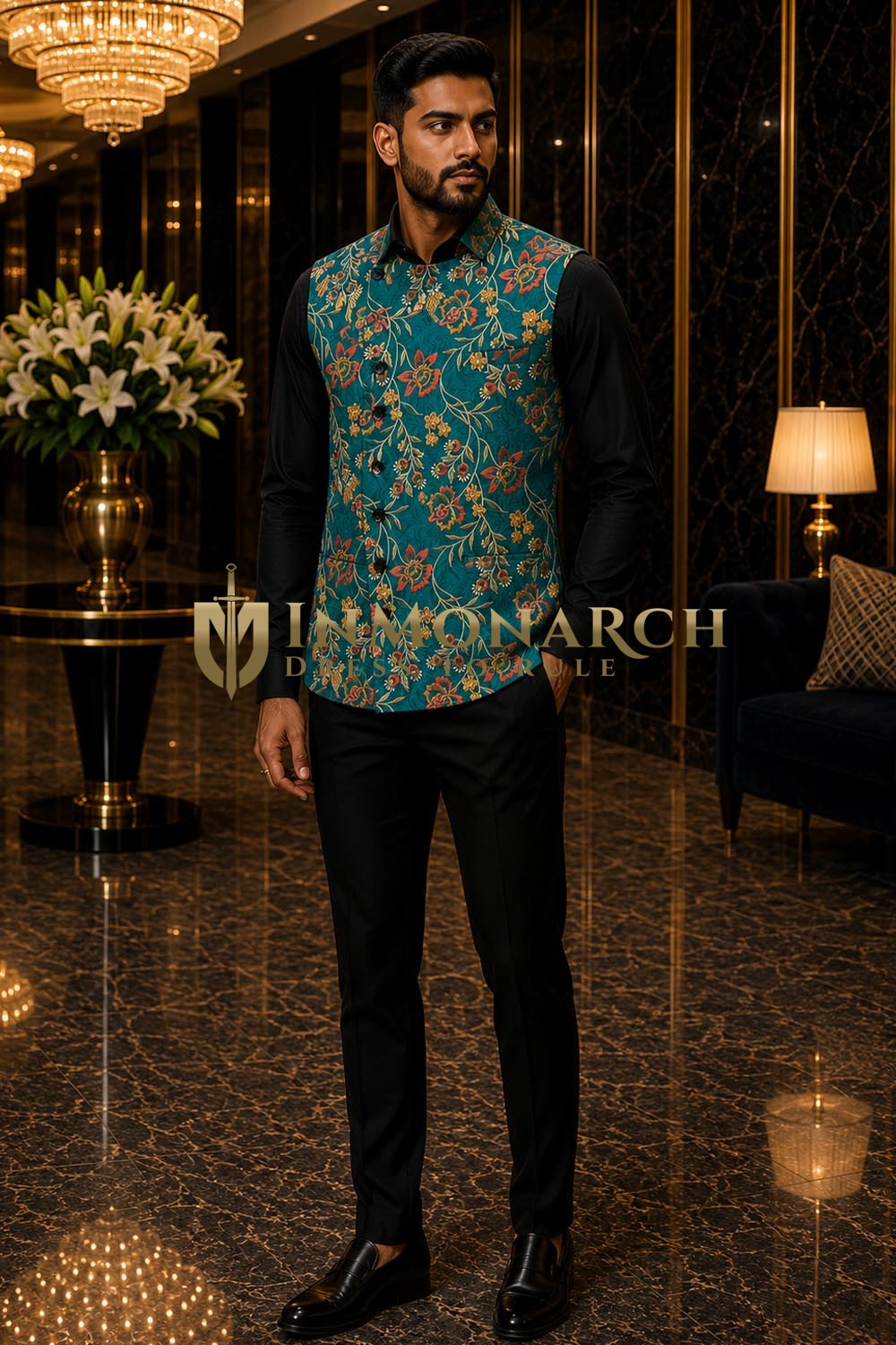 Chaleco angrakha hombre floral verde azulado