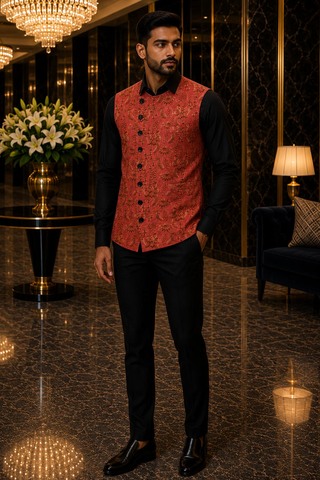 Mens Red Leaf Motif Angrakha Suit Vest Designer Wedding Waistcoat Look
