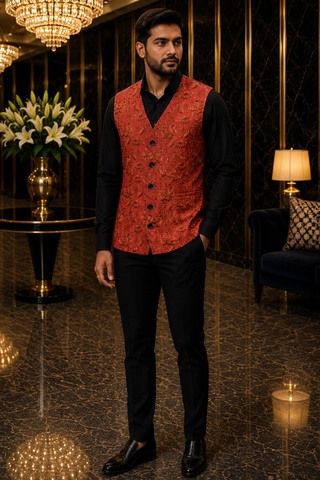 Mens Red Embroidered V Neck Suit Vest Designer Wedding Waistcoat Look