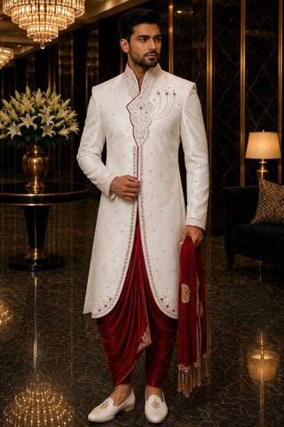 Mens White Brocade Indo Western 2 Pc Angrakha Dhoti Wedding Outfit