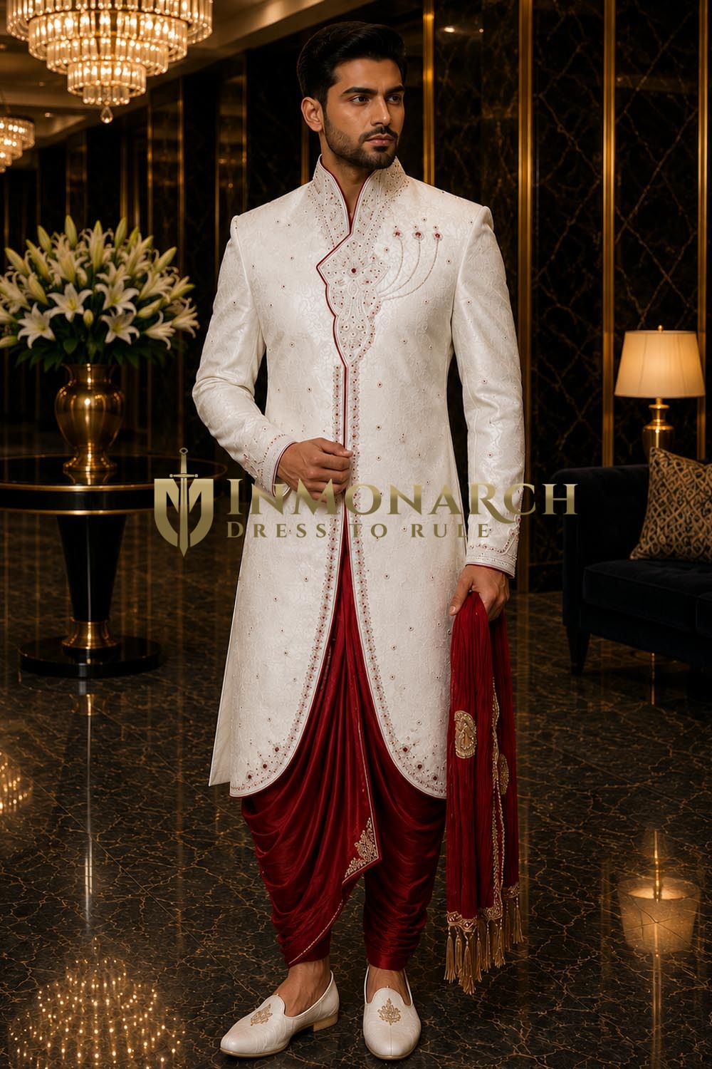 Mens White Brocade Indo Western 2 Pc Angrakha Dhoti Wedding Outfit