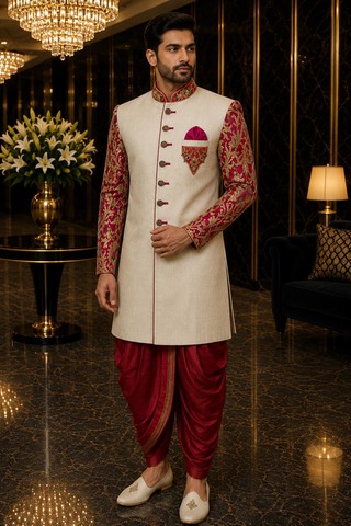 Mens Cream Indo Western 3 Pc Embroidered Jacket Salwar Wedding Outfit