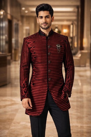 Mens Maroon Black Brocade Indo Western 3 Pc Wedding Party Outfit