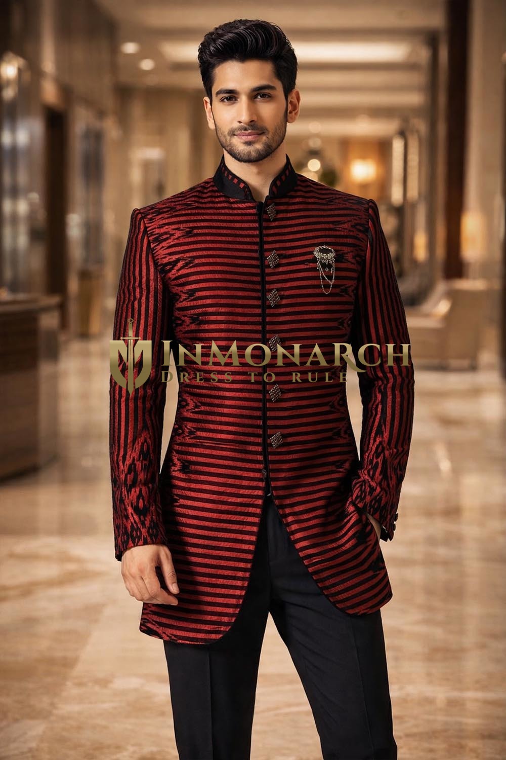 Mens Maroon Black Brocade Indo Western 3 Pc Wedding Party Outfit