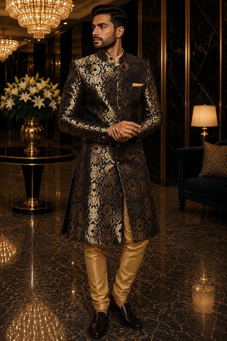 Mens Blue Gold Kimkhab Sherwani 3 Pc Groom Wedding Churidar Outfit