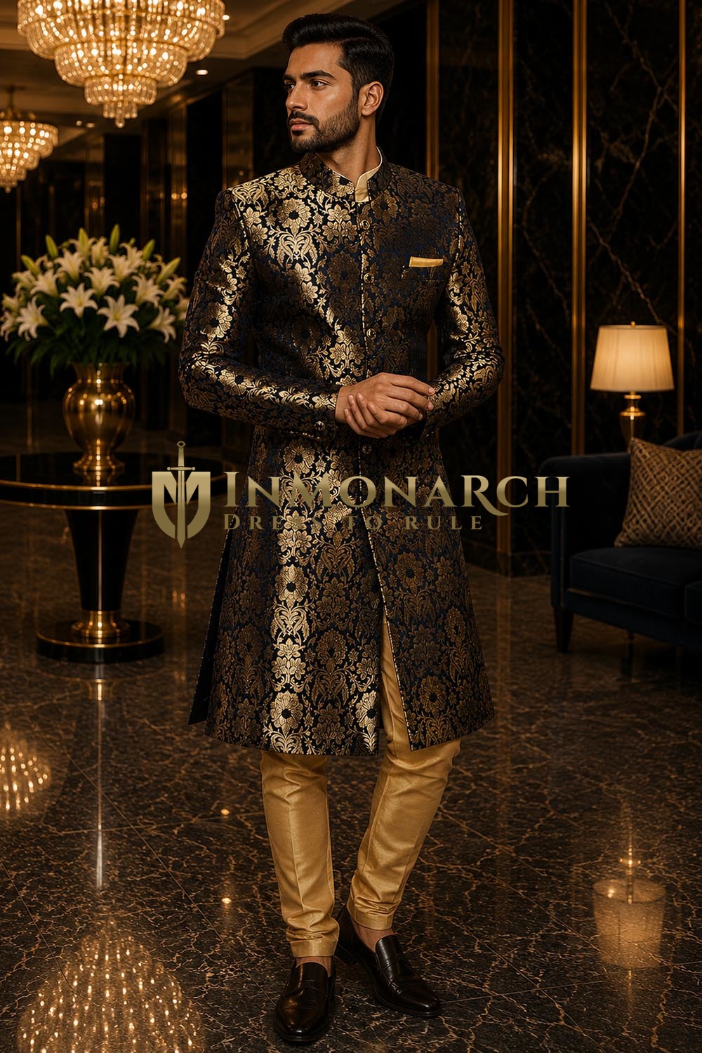 Sherwani traditionnel bleu et doré