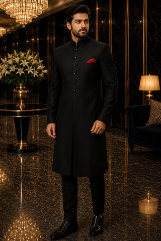 Black Jodhpuri Sherwani 3 Pc Designer Bandhgala Wedding Suit for Men