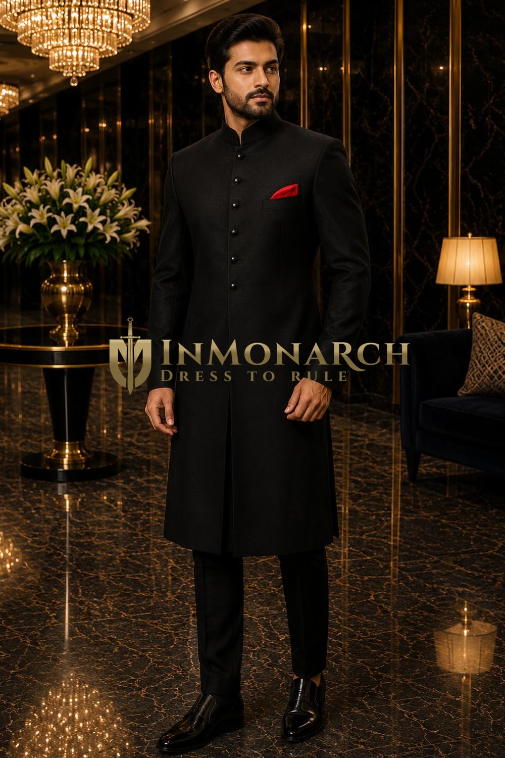 Sherwani Jodhpuri noir design raffiné