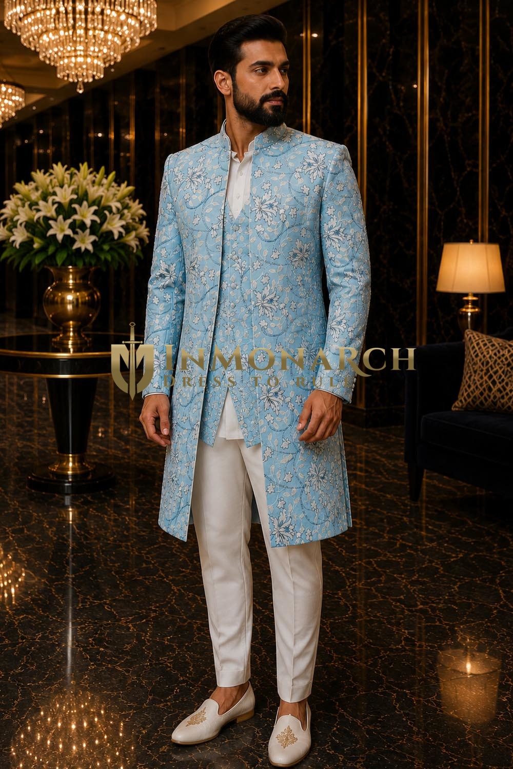 Sky Blue Thread Embroidered Jodhpuri Suit 4 Pc Indian Wedding Outfit for Men